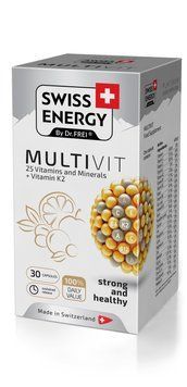 Мультивітаміни з вітаміном К2, MULTIVIT 25 Vitamins and Minerals+Vitamin K2, Swiss Energy, 25 вітамінів та мінералів, 30 капсул SP-005732 фото